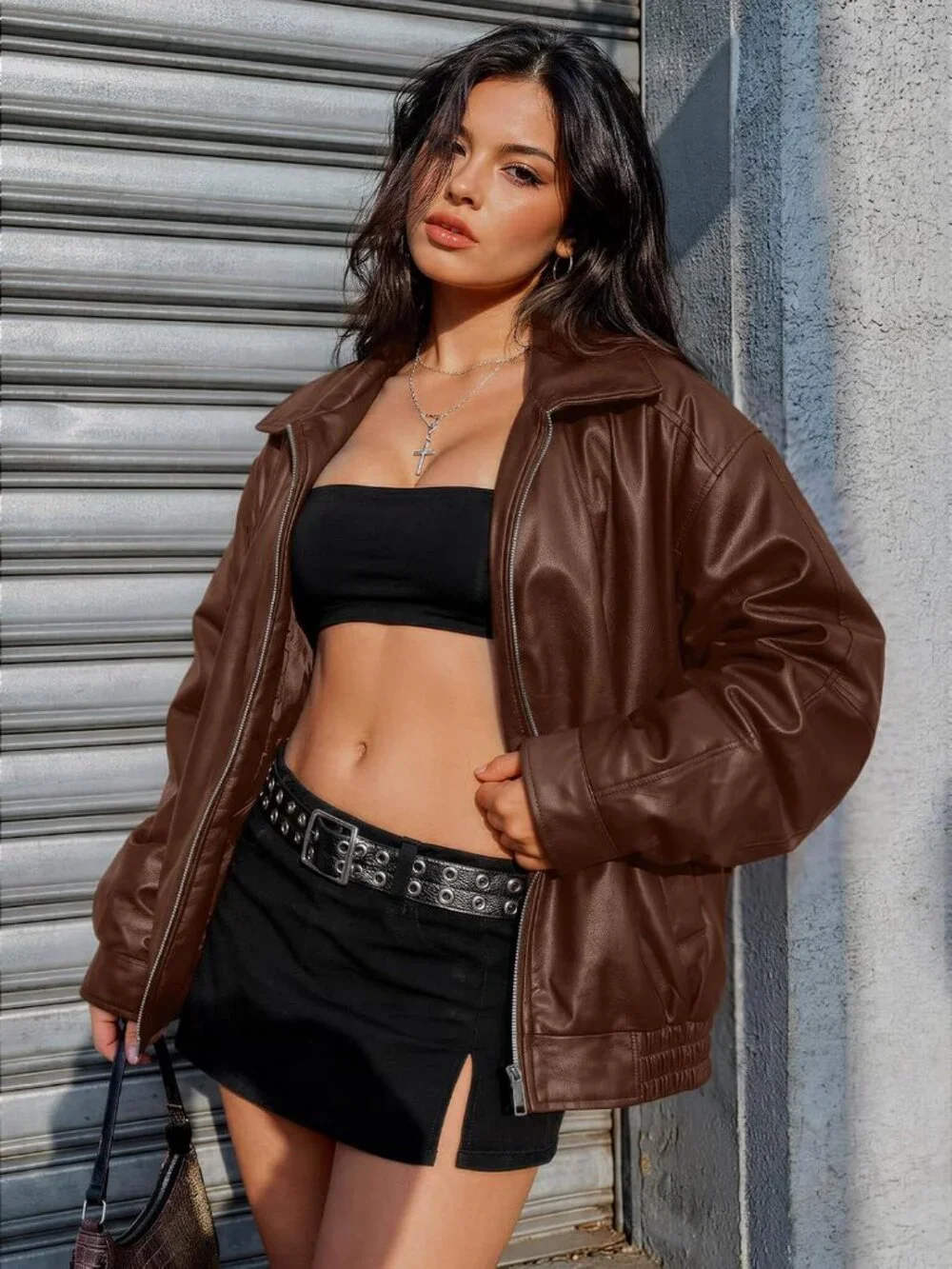 Women's Caramel Oversized Faux Leather Loose Weight Fall Winter Outerwear Jacket